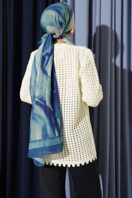 Önü Çiçek Nakışlı Düğmeli Ajurlu Hırka Ekru - Hırka