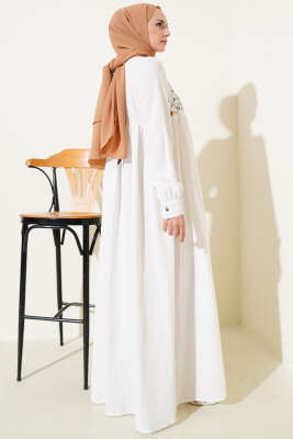 Önü Çiçek Nakışlı Elbise Beyaz - Tesettür Elbise