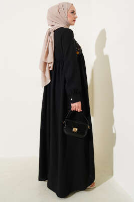 Önü Çiçek Nakışlı Elbise Siyah - Tesettür Elbise