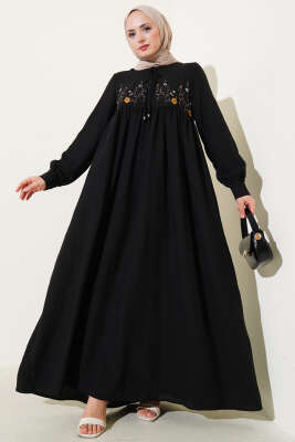 Önü Çiçek Nakışlı Elbise Siyah