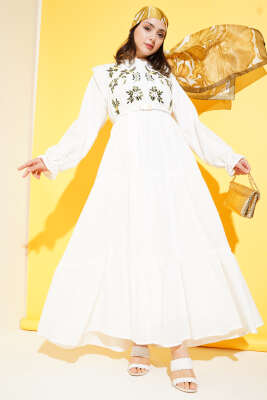 Önü Çiçek Nakışlı Fırfırlı Elbise Sarı