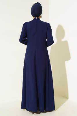 Önü Çiçek Taşlı Elbise Lacivert - Tesettür Elbise