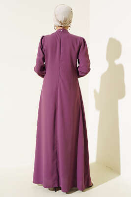 Önü Çiçek Taşlı Elbise Magenta - Tesettür Elbise