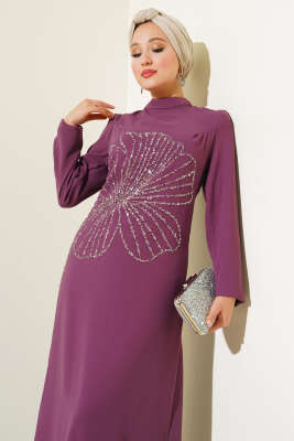 Önü Çiçek Taşlı Elbise Magenta - Tesettür Elbise