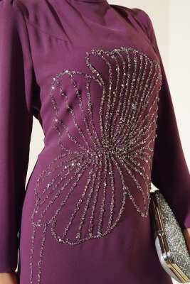 Önü Çiçek Taşlı Elbise Magenta - Tesettür Elbise