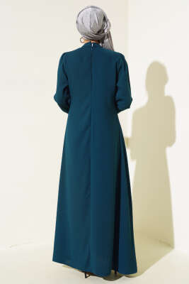 Önü Çiçek Taşlı Elbise Petrol - Tesettür Elbise