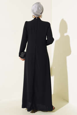 Önü Çiçek Taşlı Elbise Siyah - Tesettür Elbise