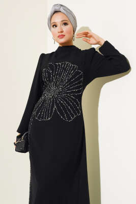 Önü Çiçek Taşlı Elbise Siyah - Tesettür Elbise