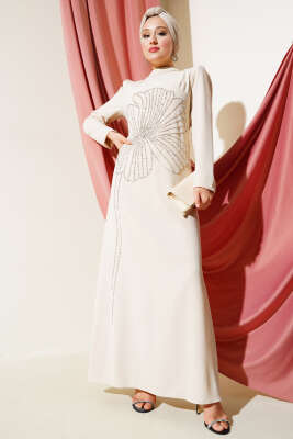 Önü Çiçek Taşlı Elbise Taş - Tesettür Elbise