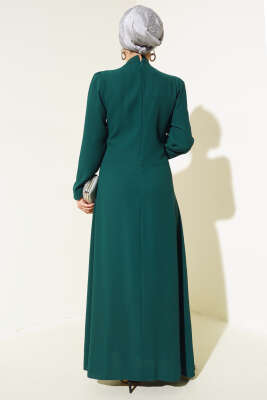 Önü Çiçek Taşlı Elbise Zümrüt - Tesettür Elbise