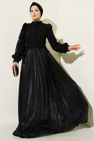 Önü Çiçekli Taşlı Abiye Elbise Siyah - Elbise