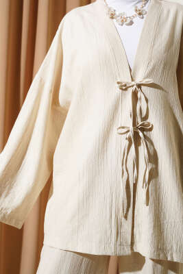 Önü Çift Bağcıklı Kimono İkili Takım Bej - 700-1000 TL Ürünler