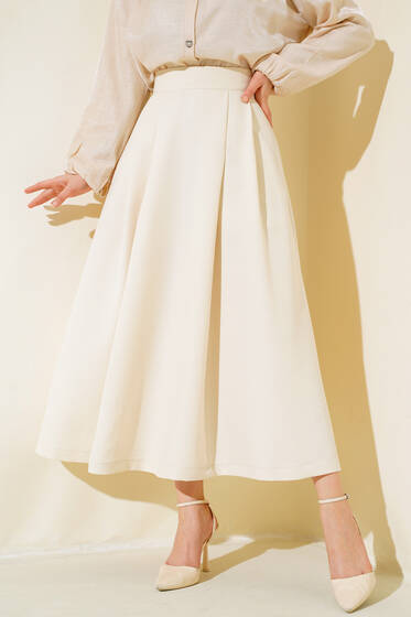 Önü Çift Pileli Etek Bej - Etek