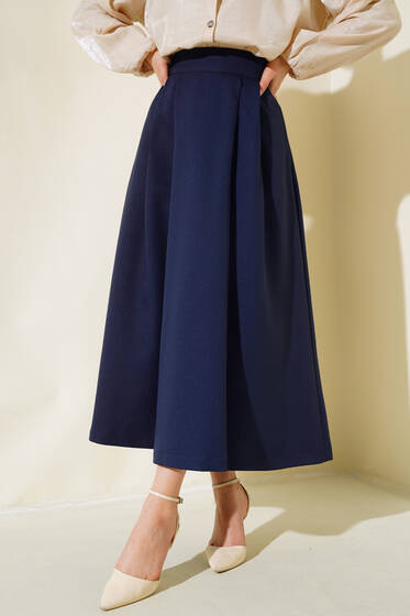 Önü Çift Pileli Etek Lacivert - Etek