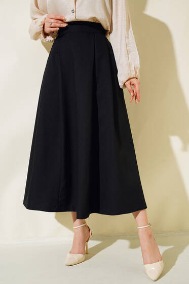 Önü Çift Pileli Etek Siyah - Etek