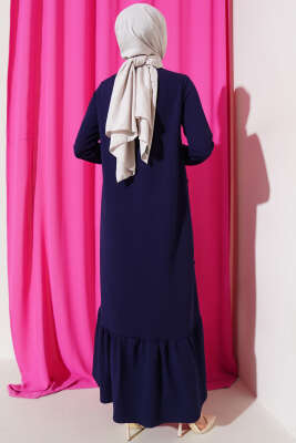 	 Önü Çımalı Geniş Elbise Lacivert - Tesettür Elbise