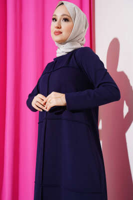 	 Önü Çımalı Geniş Elbise Lacivert - Tesettür Elbise
