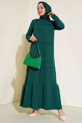 Önü Çımalı Geniş Elbise Zümrüt Yeşili - Thumbnail