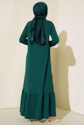 Önü Çımalı Geniş Elbise Zümrüt Yeşili - Thumbnail