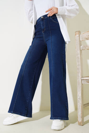 Önü Çımalı Geniş Paça Kot Pantolon Lacivert - Pantolon