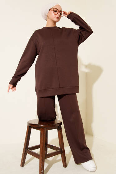 Önü Çımalı Tunik İkili Takım Acı Kahve - İkili Takım
