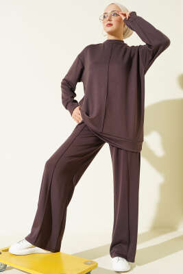 Önü Çımalı Tunik İkili Takım Acı Kahve 