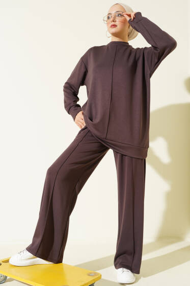 Önü Çımalı Tunik İkili Takım Acı Kahve - İkili Takım