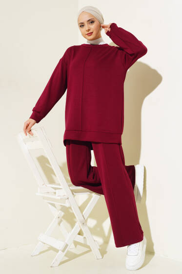 Önü Çımalı Tunik İkili Takım Bordo - İkili Takım