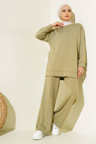 Önü Çımalı Tunik İkili Takım Çağla Yeşili - İkili Takım