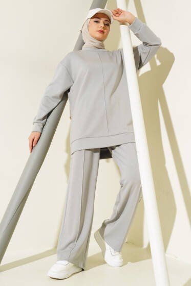 Önü Çımalı Tunik İkili Takım Gri - İkili Takım