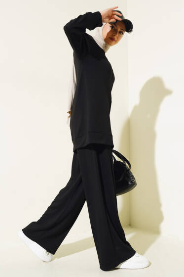 Önü Çımalı Tunik İkili Takım Siyah - İkili Takım