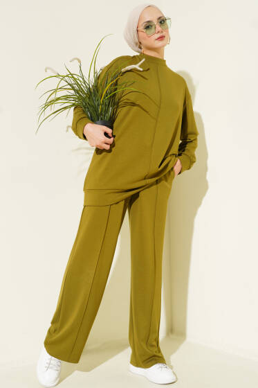 Önü Çımalı Tunik İkili Takım Yağ Yeşili - İkili Takım