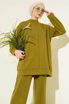 Önü Çımalı Tunik İkili Takım Yağ Yeşili - İkili Takım