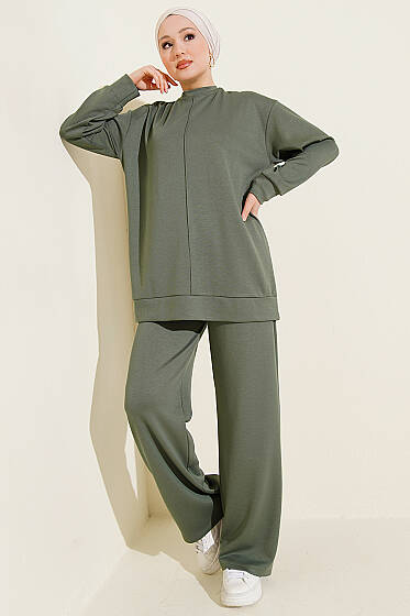 Önü Çımalı Tunik İkili Takım Yeşil - İkili Takım