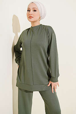 Önü Çımalı Tunik İkili Takım Yeşil - İkili Takım
