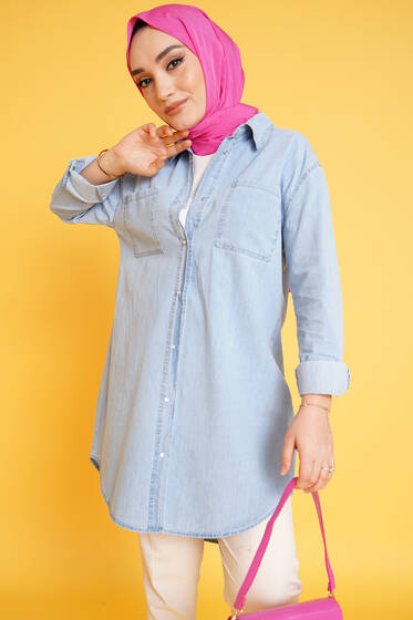 Önü Çıt Çıt Düğmeli Salaş Gömlek Açık Mavi - Gömlek