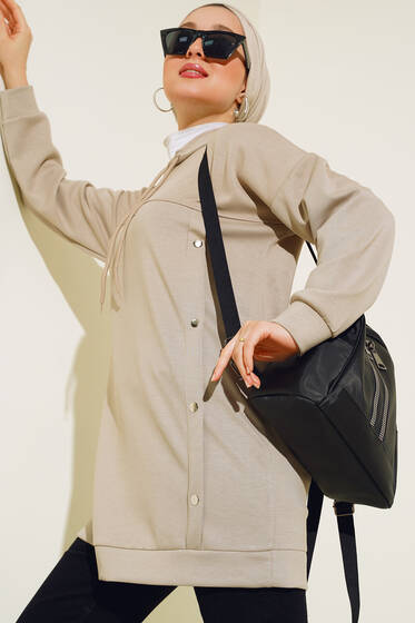 Önü Çıtçıt Detaylı Kapüşonlu Tunik Bej - Tunik