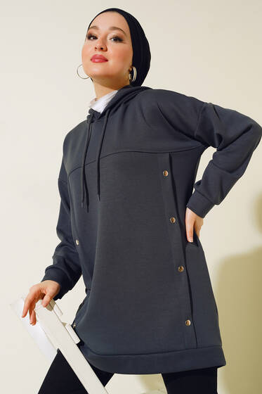 Önü Çıtçıt Detaylı Kapüşonlu Tunik Füme - Tunik