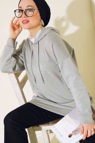 Önü Çıtçıt Detaylı Kapüşonlu Tunik Gri - Tunik