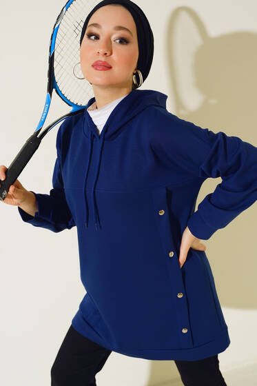 Önü Çıtçıt Detaylı Kapüşonlu Tunik Lacivert - Tunik