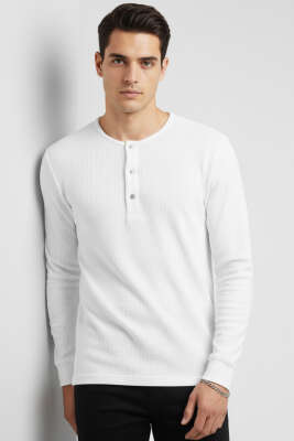 Önü Çıtçıtlı Waffle Sweatshirt Beyaz - GİESTO