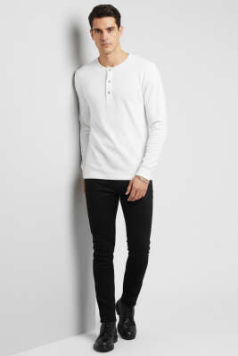 Önü Çıtçıtlı Waffle Sweatshirt Beyaz - Erkek Sweatshirt