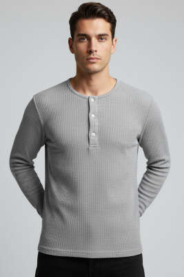 Önü Çıtçıtlı Waffle Sweatshirt Gri - GİESTO