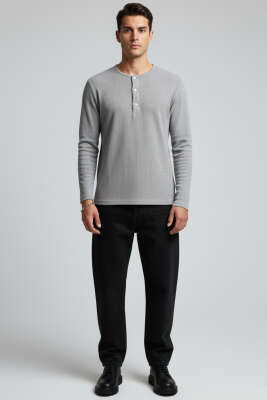 Önü Çıtçıtlı Waffle Sweatshirt Gri - Erkek Sweatshirt