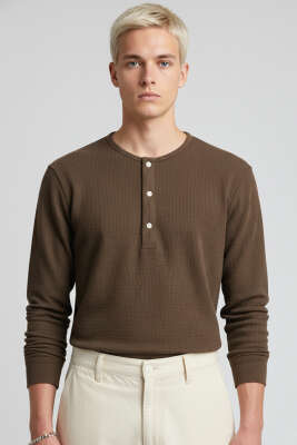 Önü Çıtçıtlı Waffle Sweatshirt Kahve - GİESTO