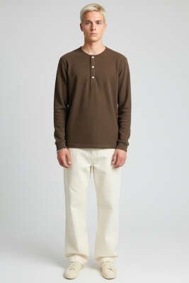 Önü Çıtçıtlı Waffle Sweatshirt Kahve - Erkek Sweatshirt