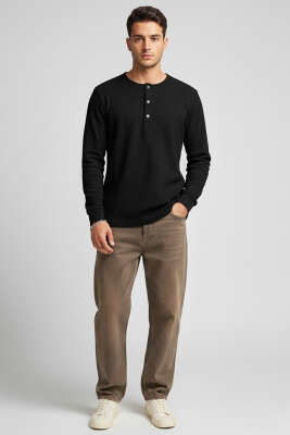 Önü Çıtçıtlı Waffle Sweatshirt Siyah 