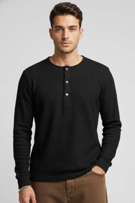 Önü Çıtçıtlı Waffle Sweatshirt Siyah - Erkek Sweatshirt