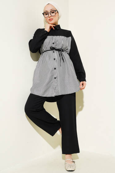 Önü Çizgi Garnili İp Kuşaklı İkili Takım Siyah - İkili Takım