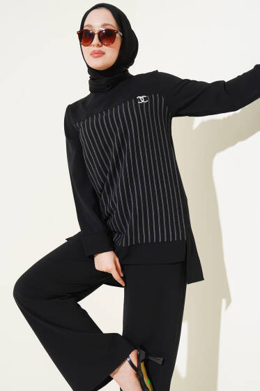 Önü Çizgili İkili Takım Siyah - İkili Takım